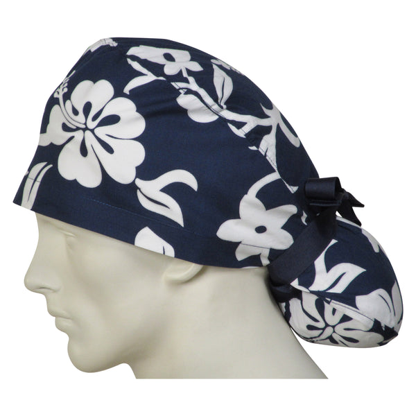 Ponytail Surgical Caps Navy Lava Flowers
