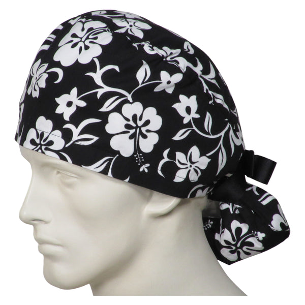 Ponytail Scrub Hats Black Flowers
